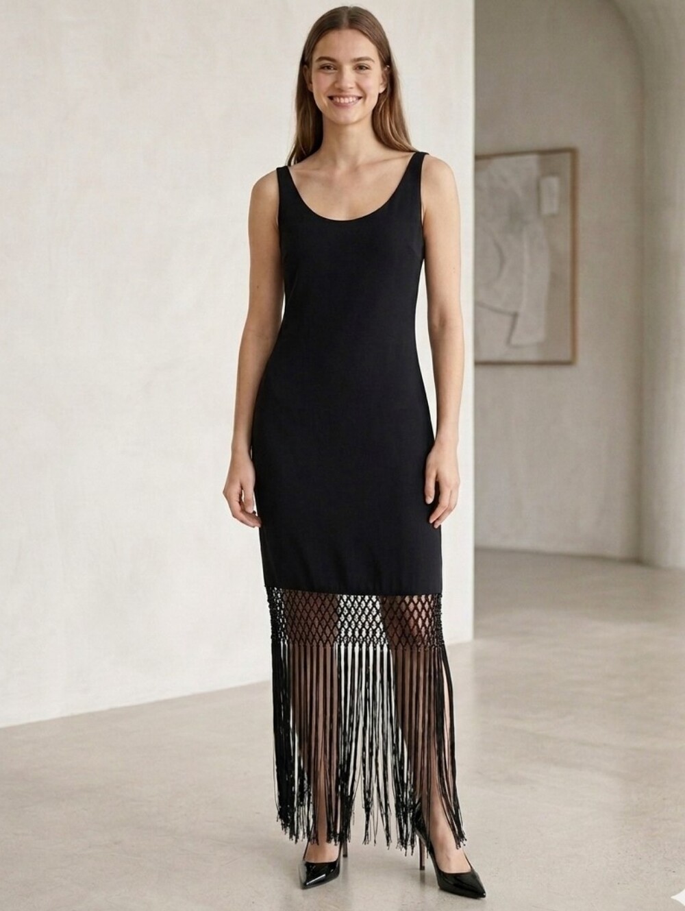 Emanuel Ungaro Black Fringe Hem Sleeveless Shift Dress Small XS